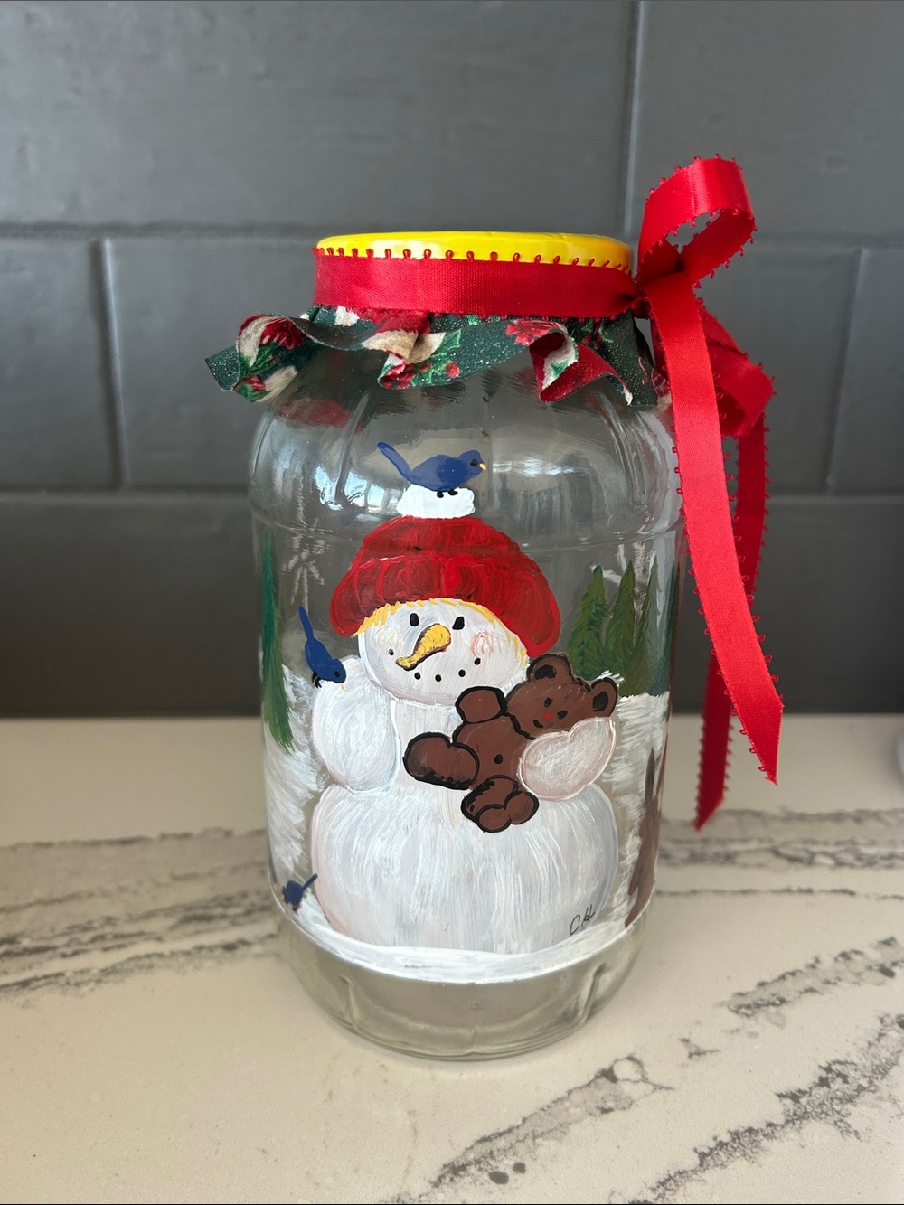 Hand-Painted Snowman Holiday Glass Mason jar-almost 8 in tall and 4 in diameter.
